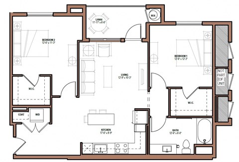 Floor plan for 2 beds, 1 bath, 917 sqft